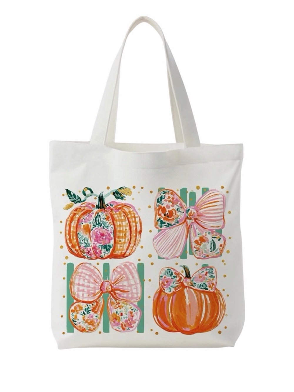 White Floral Pumpkin Tote Bag with Pink Bow Accents New